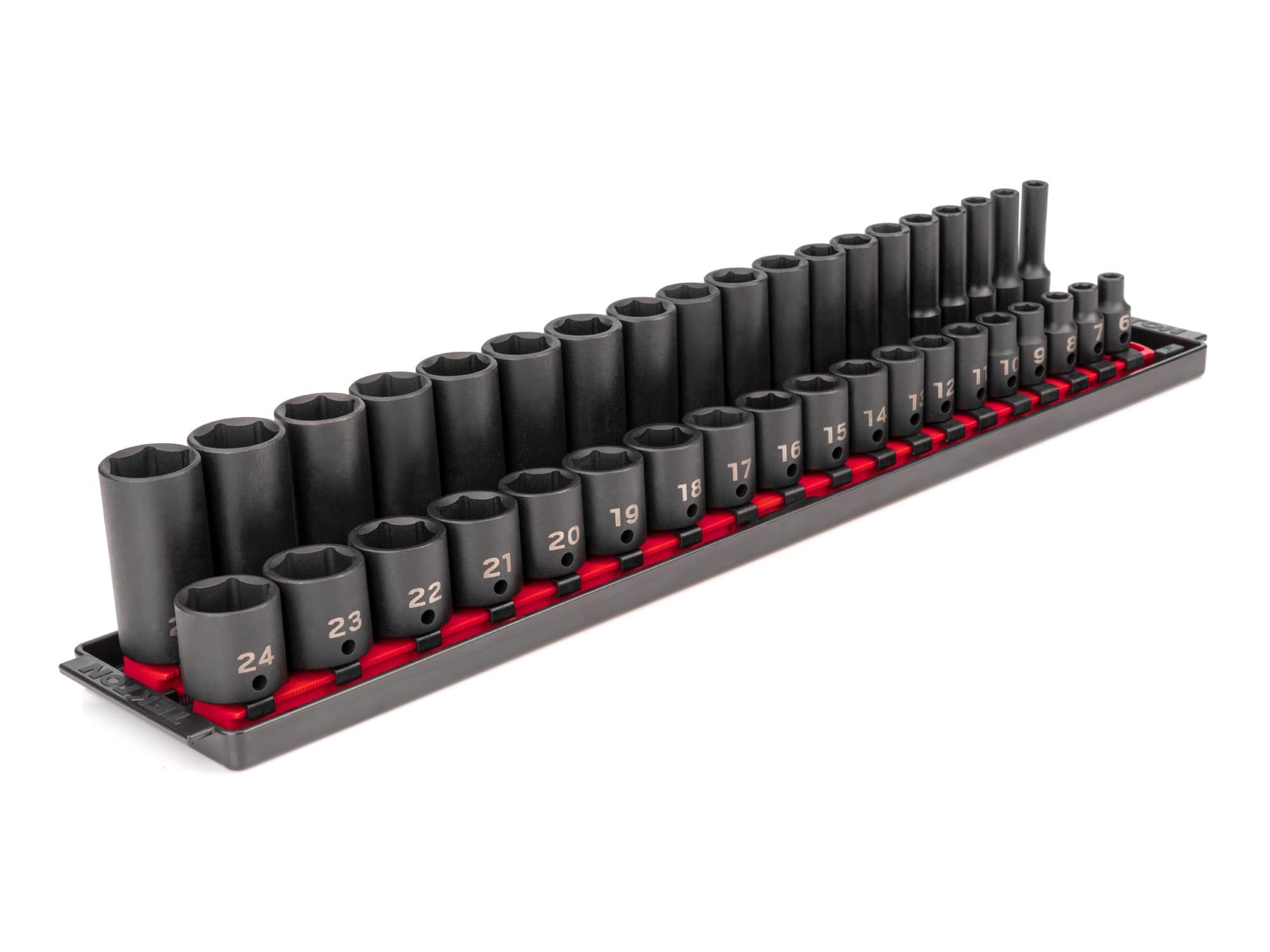 3/8 Inch Drive 6-Point Impact Socket Set, 38-Piece (6-24 mm) with Rails